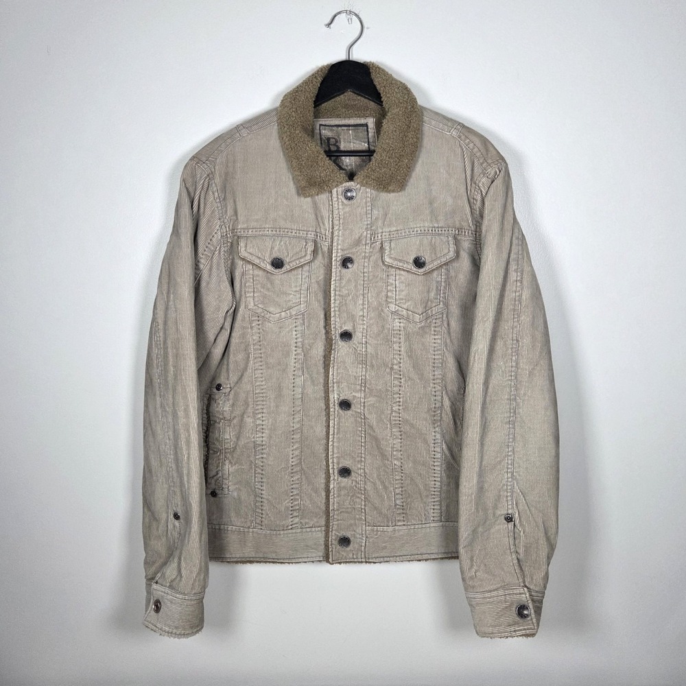 Vtg Y2K BKE Mens Corduroy Trucker Jacket Tan Beige Faux Fur Sherpa Lined Size M